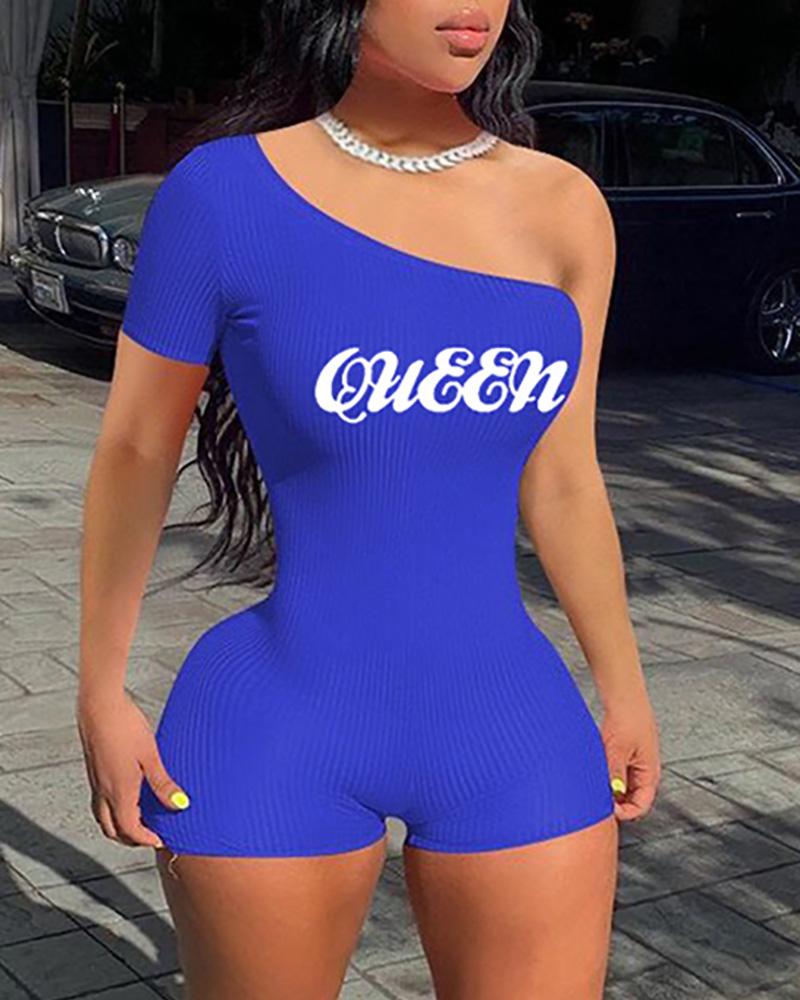 

One Shoulder Letter Print Romper, Blue