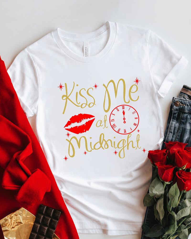 

Valentine' Day Lip Letter Print Short Sleeve Top, White