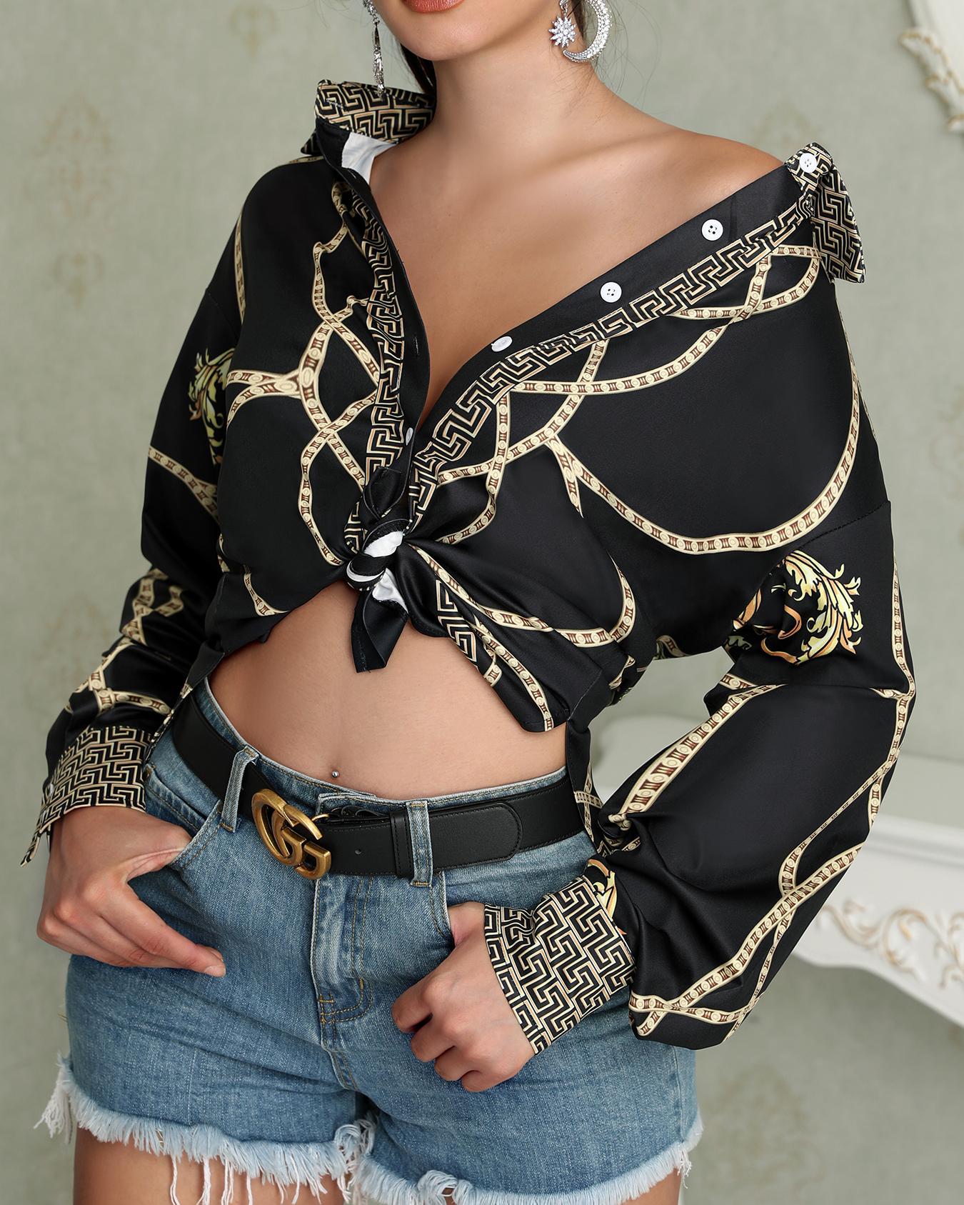 

Vintage Chain Printed Tied Casual Blouse, Black