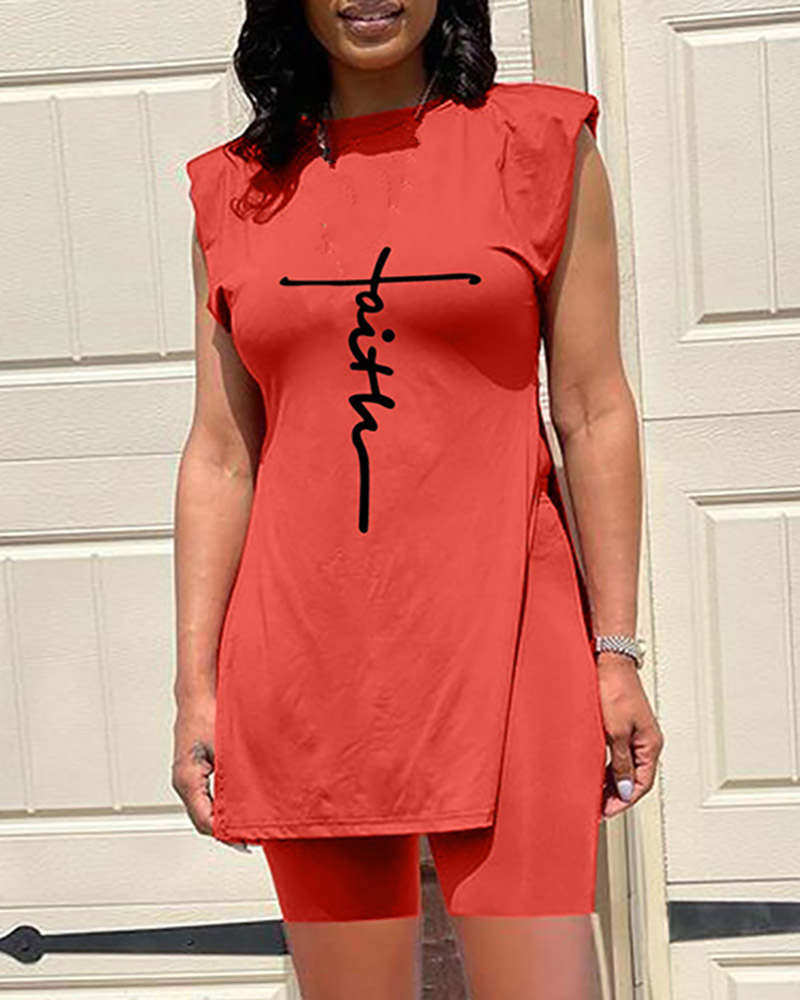 

Letter Print Slit Sleeveless Top & High Waist Shorts Set, Orange