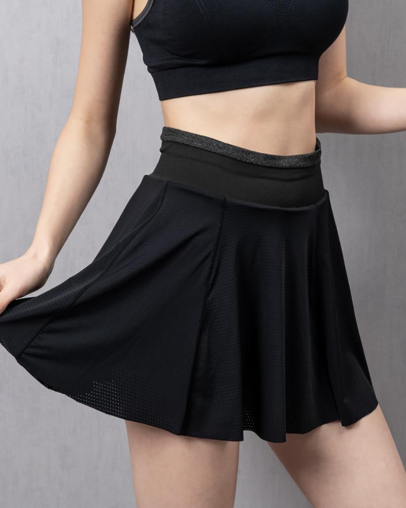 

Colorblock Pocket Design Skirt With Athletic Shorts Gym Tennis Pleated Skorts, Black