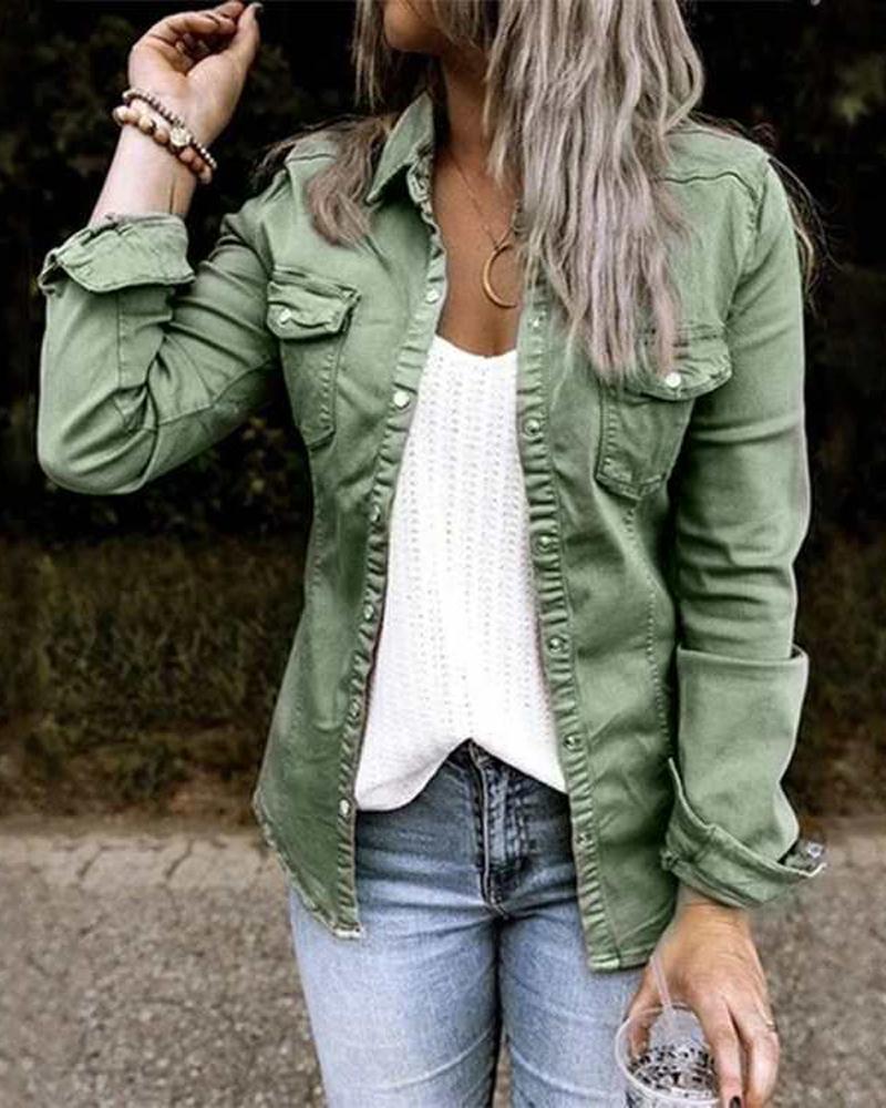 

Long Sleeve Button Down Denim Shacket, Army green