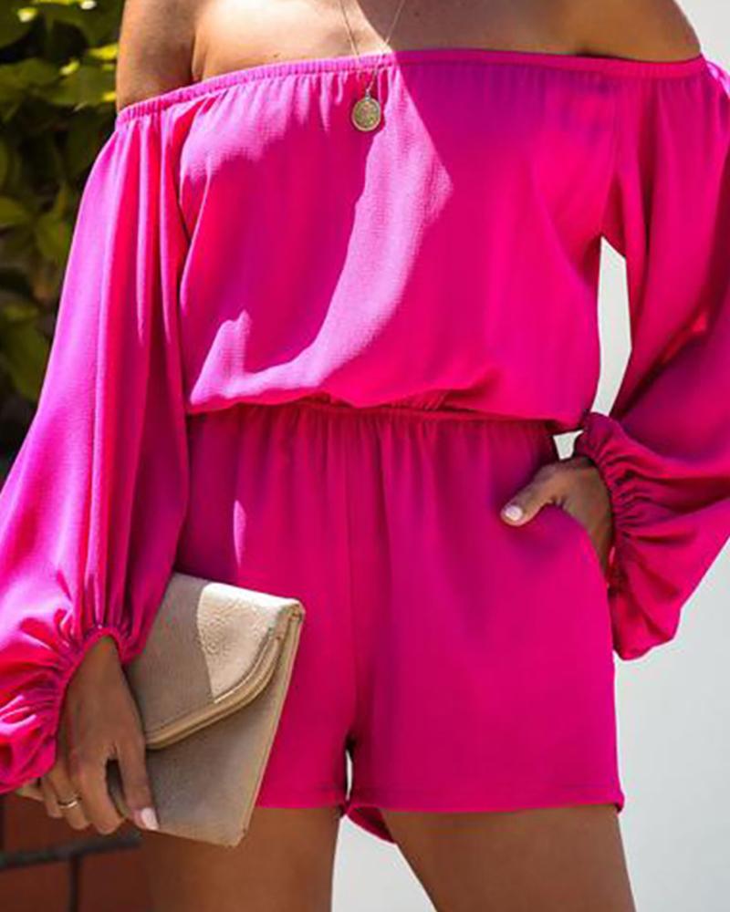 

Off Shoulder Ruched Lantern Sleeve Top & Shorts Set, Hot pink