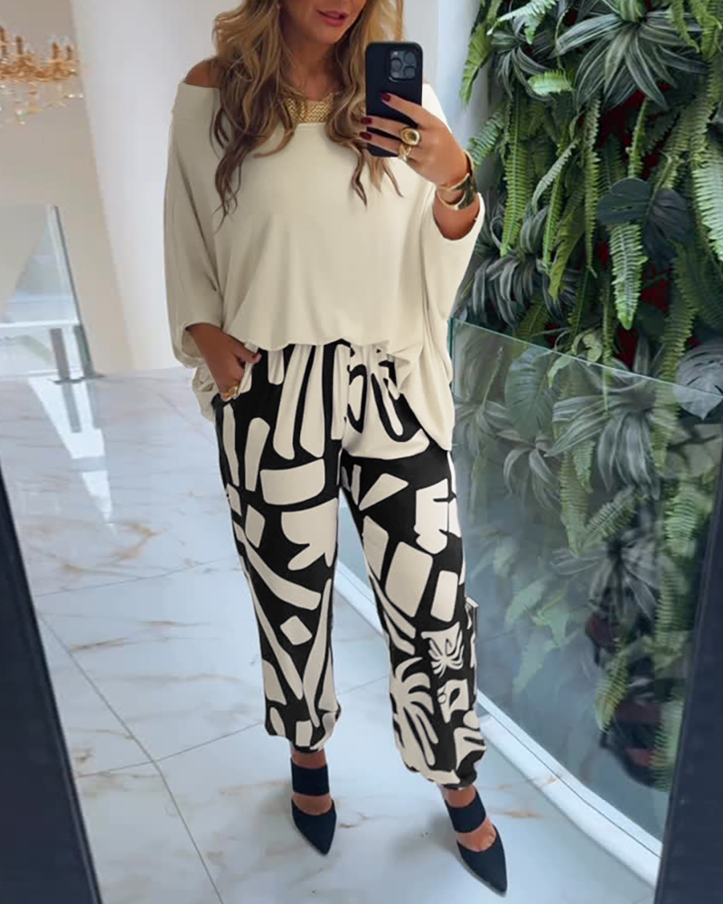 

Conjunto de 2 piezas con hombros descubiertos, manga murciélago, top holgado y pantalones con cintura elástica y estampado floral, Apricot
