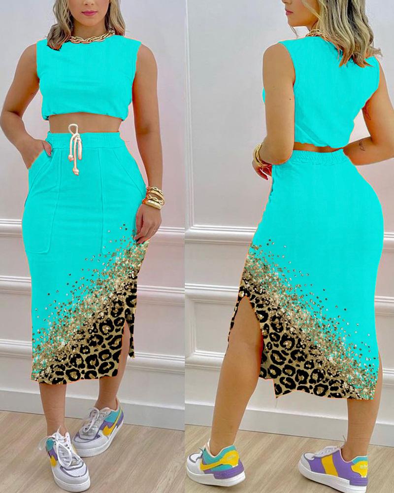 

Plain Tank Top & Contrast Leopard Print Slit Skirt Set, Blue