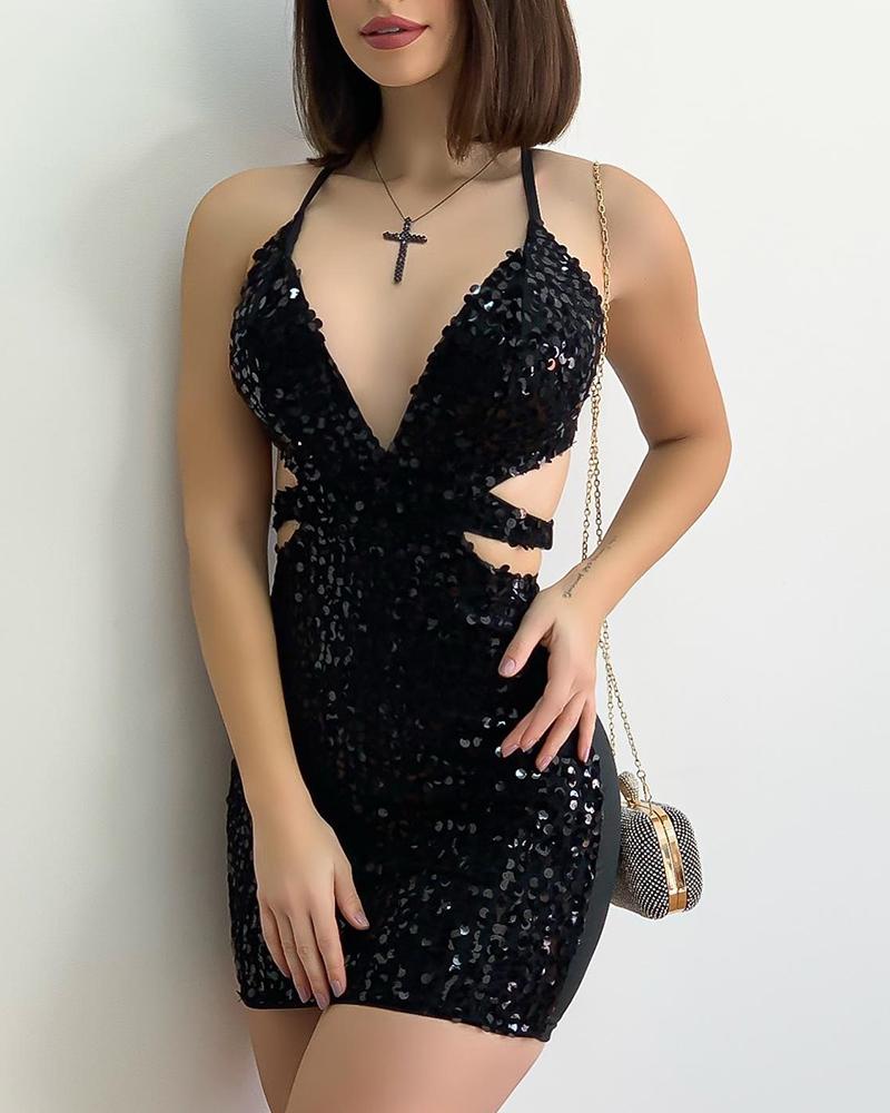 

Spaghetti Strap Cutout Sequin Dress, Black