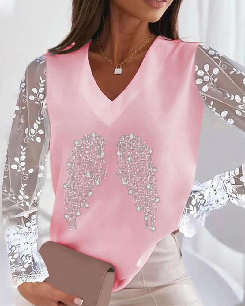 

Rhinestone Decor Contrast Lace Long Sleeve Top, Pink