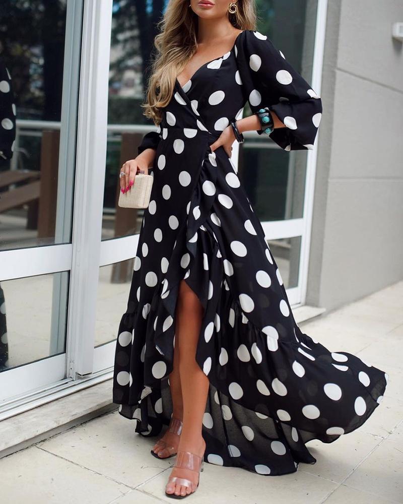 

Polka Dot Print Wrap Asymmetrical Dress, Black