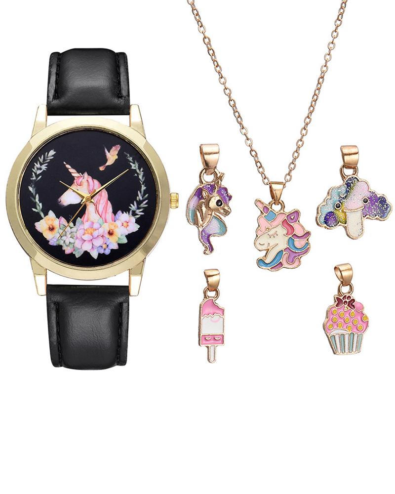 

Animal Floral Pattern PU Leather Strap Quartz Watch & Bracelet Set, Black