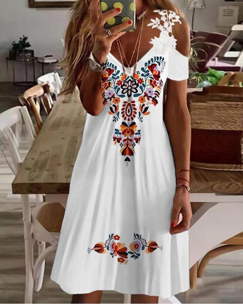 

Floral Print Lace Patch Cold Shoulder Casual Dress, White