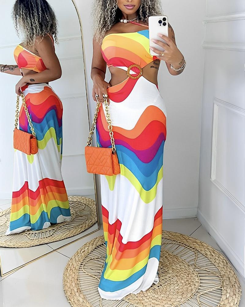 

Rainbow Stripe Print Hollow Out Maxi Dress, Multicolor