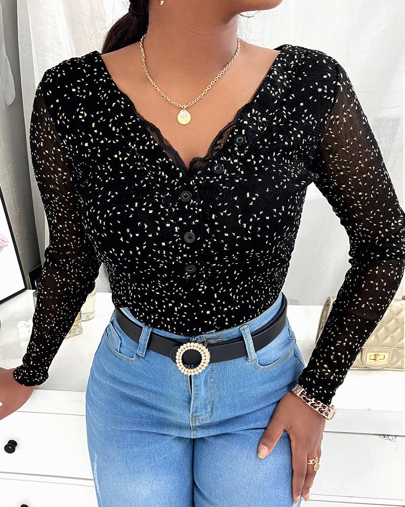 

Glitter V-Neck Long Sleeve Lace Top, Black