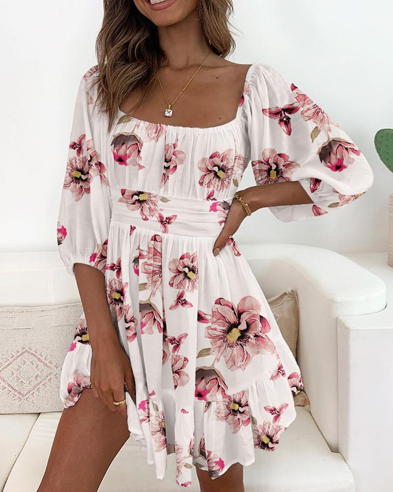 Lantern Sleeve Ruffle Hem Floral Print Dress