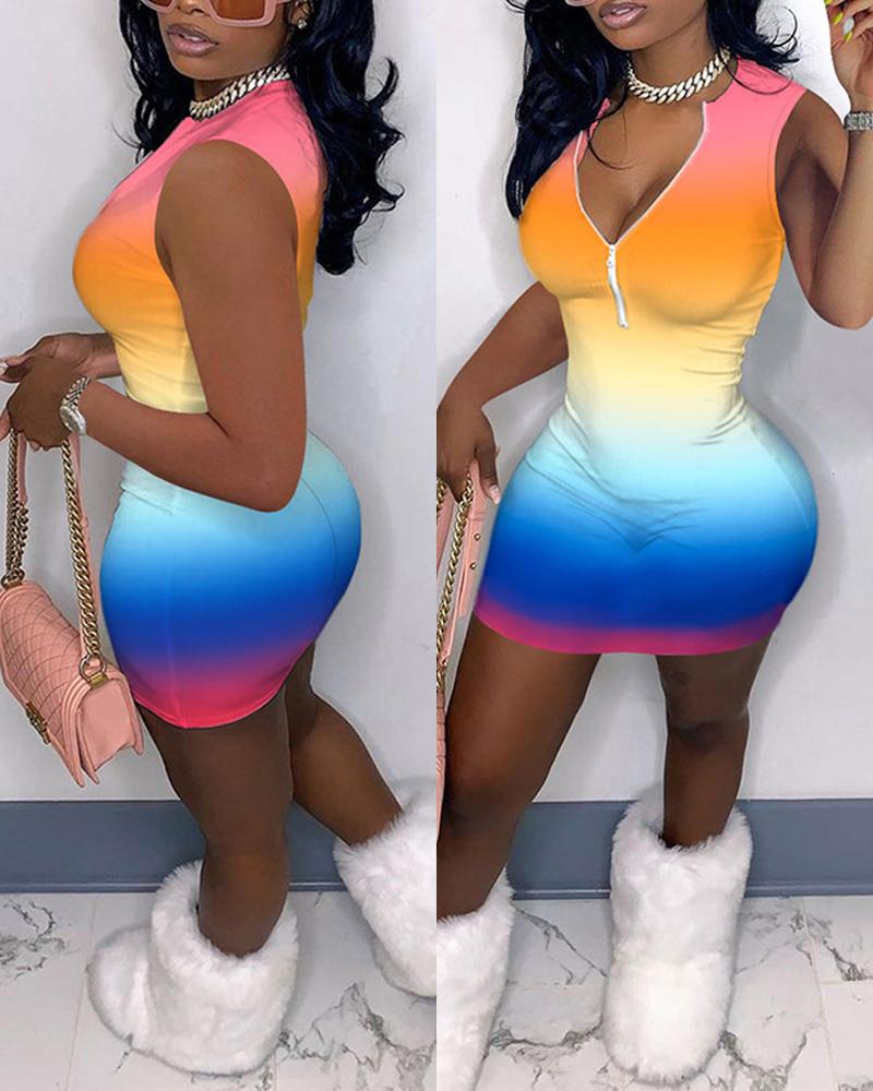 

Tie Dye Skinny Sleeveless Bodycon Mini Dress, Yellow