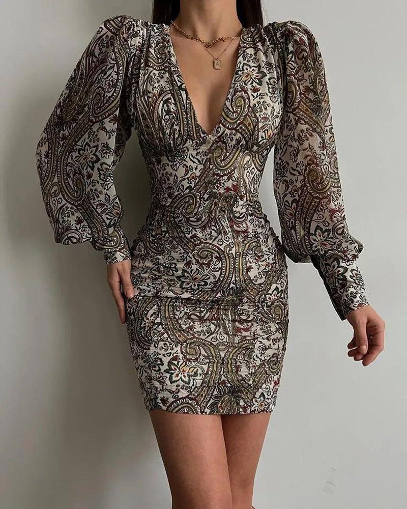 

Allover Print Puff Lantern Sleeve Vintage Bodycon Dress, Black
