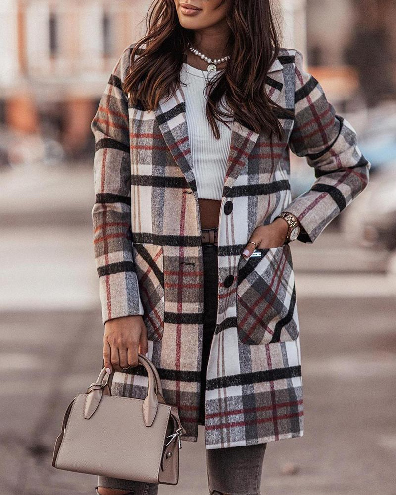 

Pocket Button Design Plaid Print Coat, Coffee