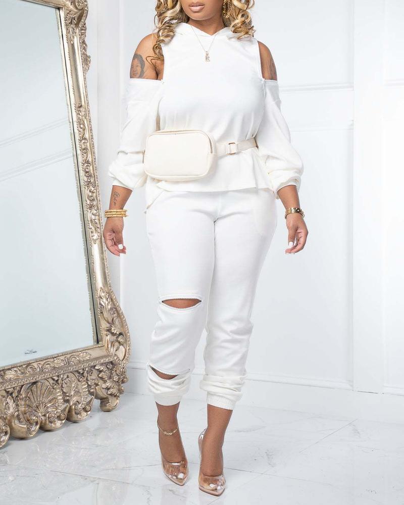 

Zipper Detail Long Sleeve Hoodie & Pants Set, White