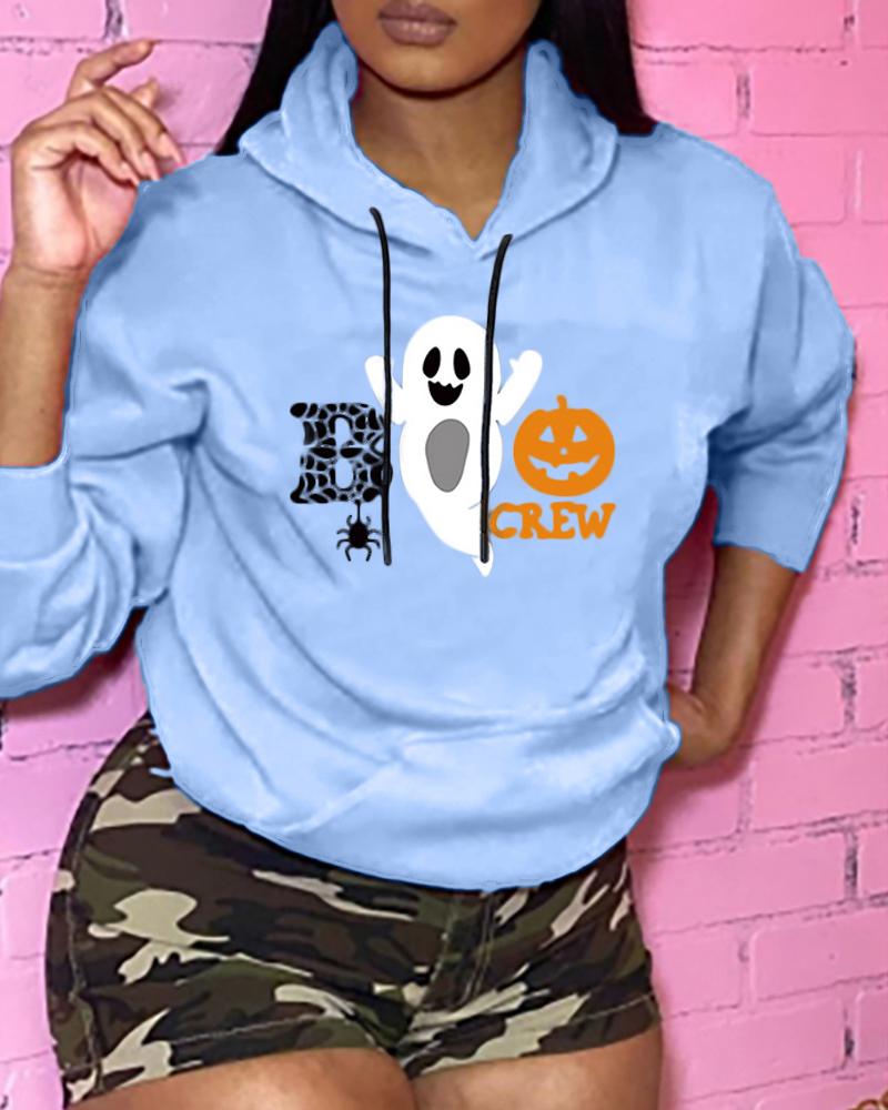 

Halloween Letter Pumpkin Print Hooded Top, Blue