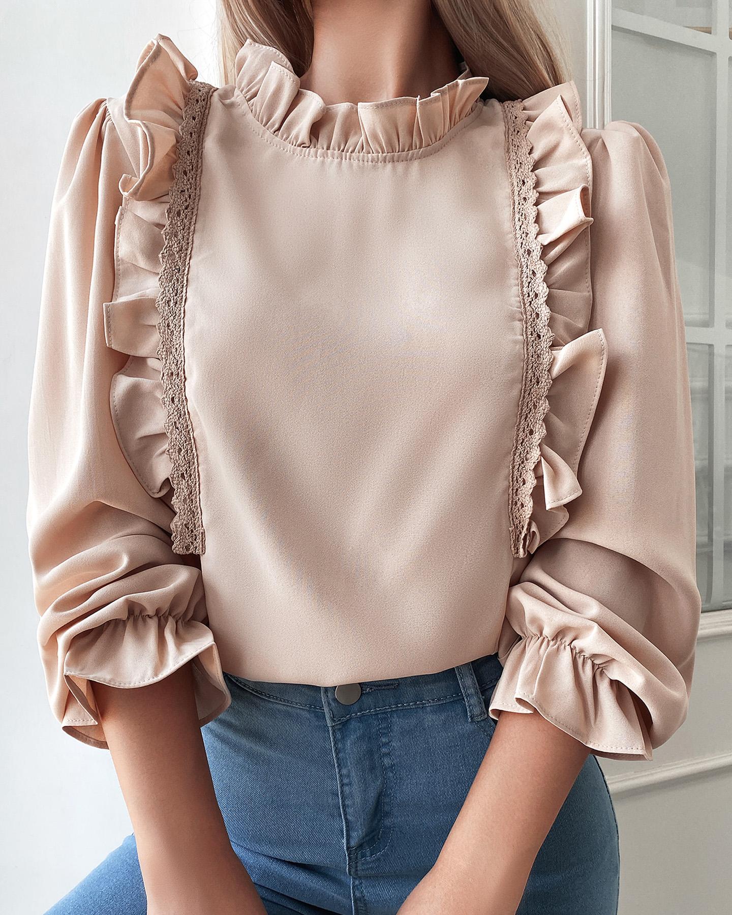 

Lace Trim Ruffles Puffed Sleeve Top, Beige