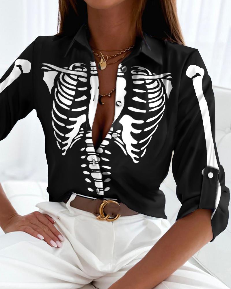 

Halloween Skeleton Print Roll Tab Sleeve Shirt, Black
