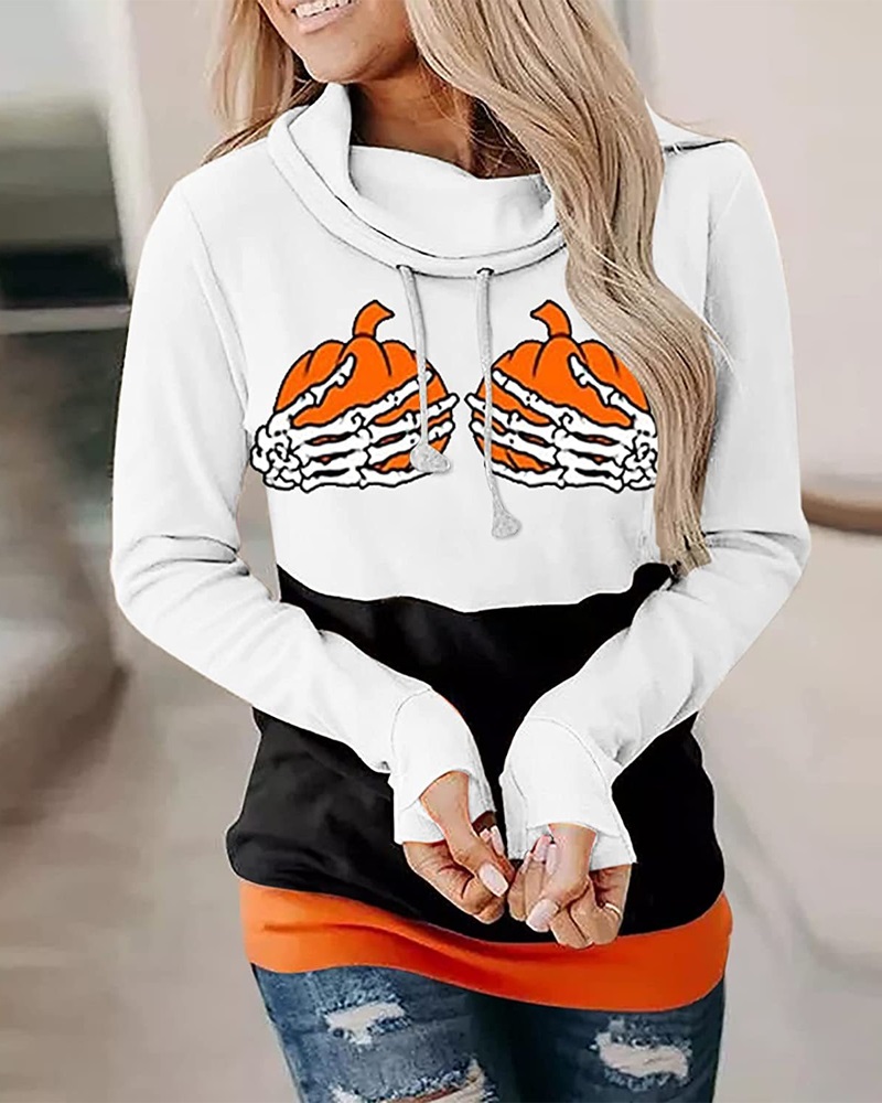 

Halloween Graphic Print Colorblock Long Sleeve Top, White