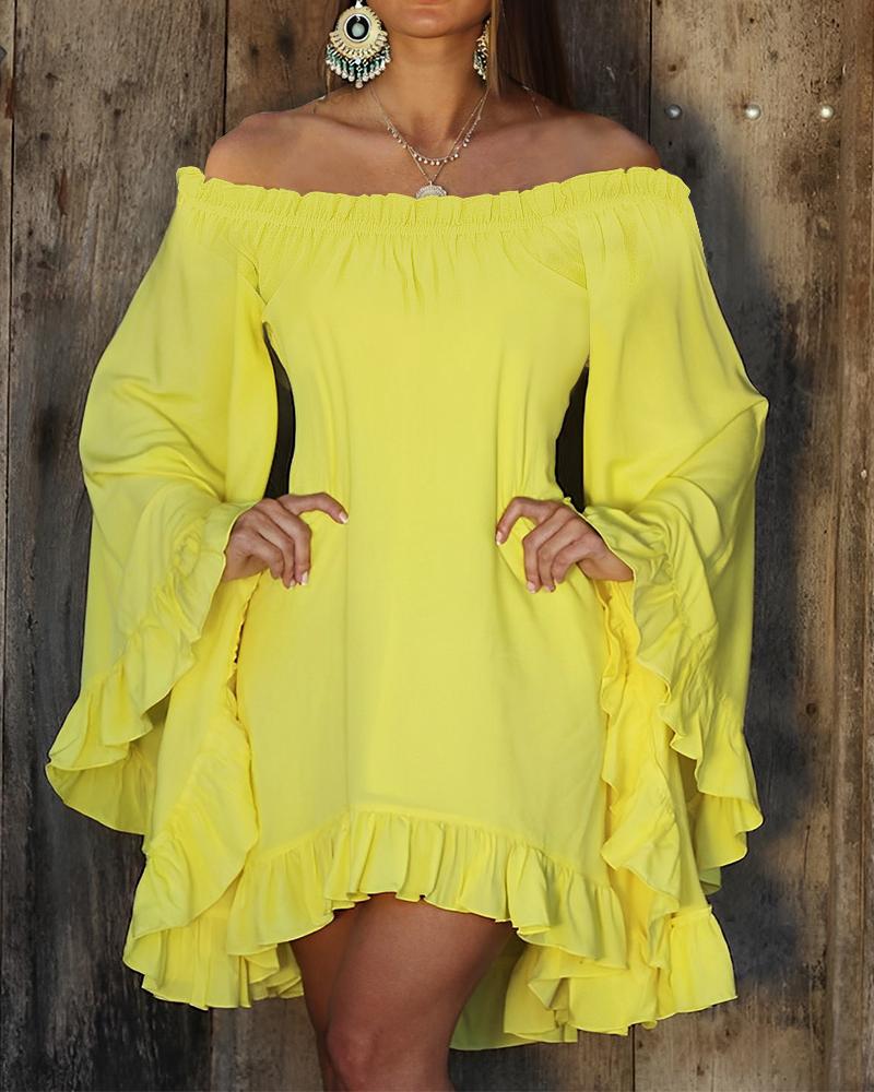 

Bell Sleeve Ruffles Frill Hem Casual Dress, Yellow