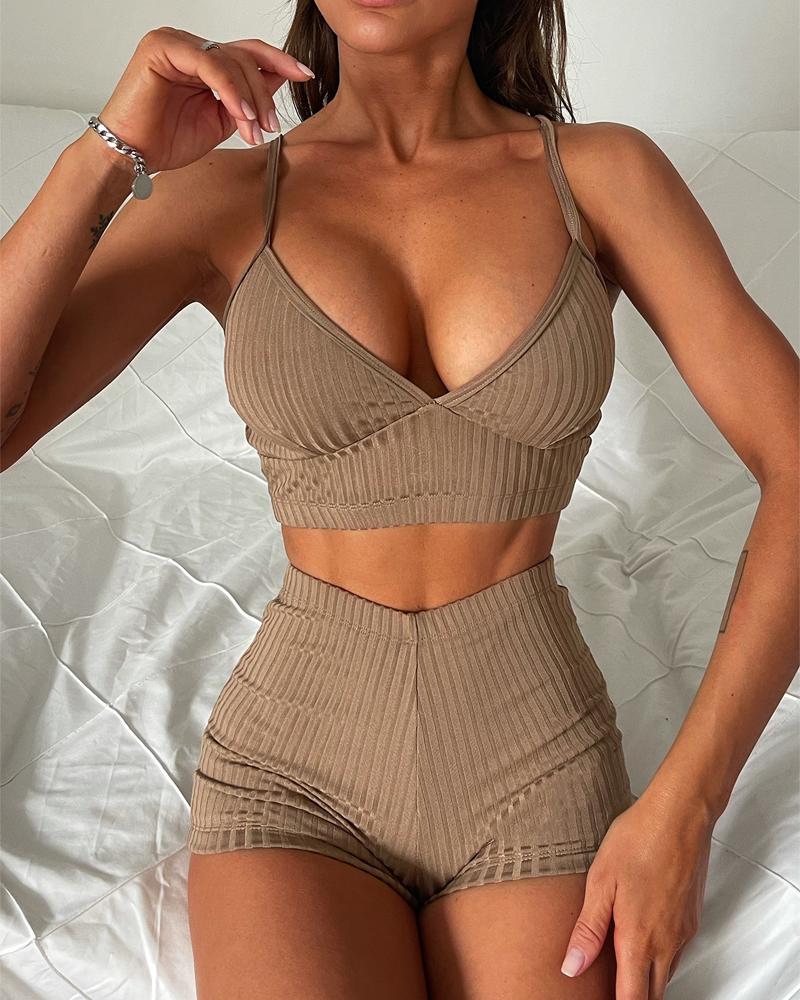 

Spaghetti Strap High Waist Bikini Set, Brown
