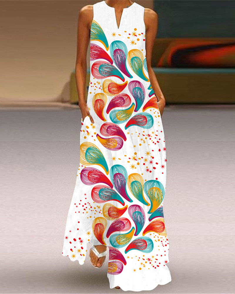 

Paisley Print Sleeveless V-Cut Maxi Dress, White