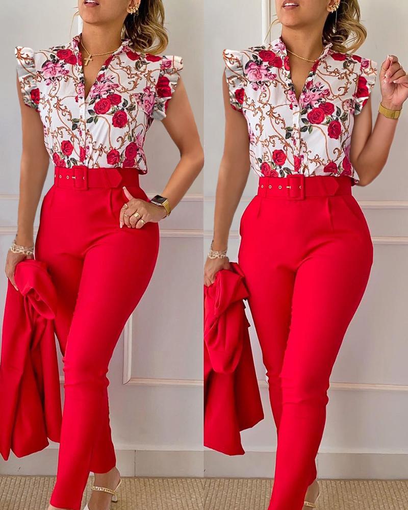 

Floral Baroque Print Flutter Sleeve Top & Pants Set With Belt, Red