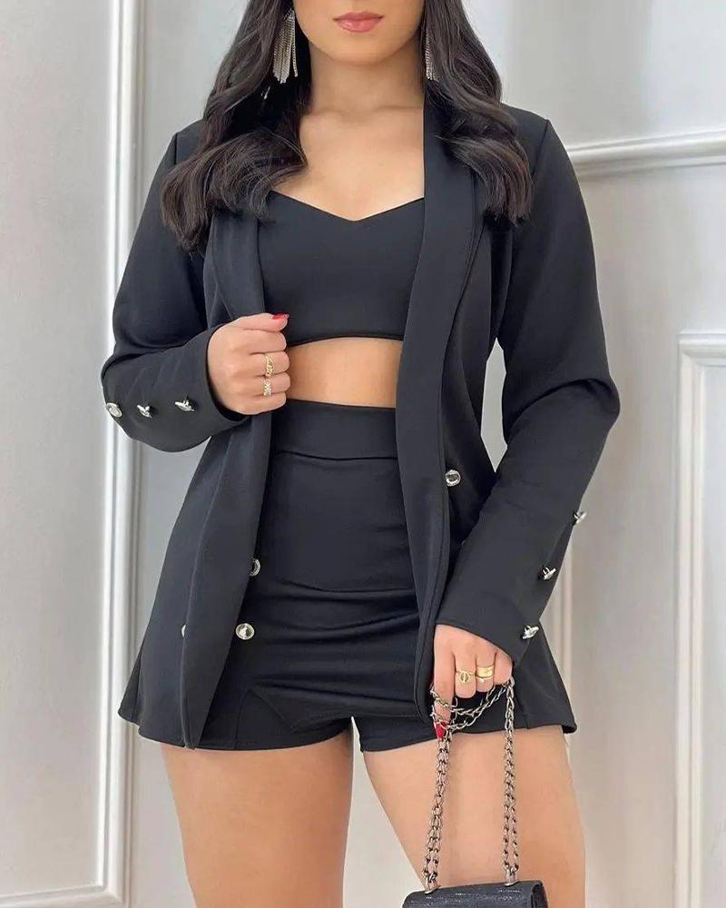 

3PCS Long Sleeve Blazer & Skorts Set With Crop Top, Black