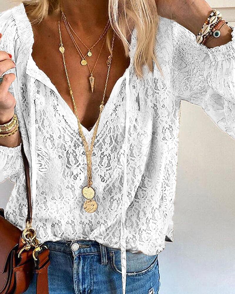 

Solid Color Hollow-out Lace Long Sleeve Shirt, White