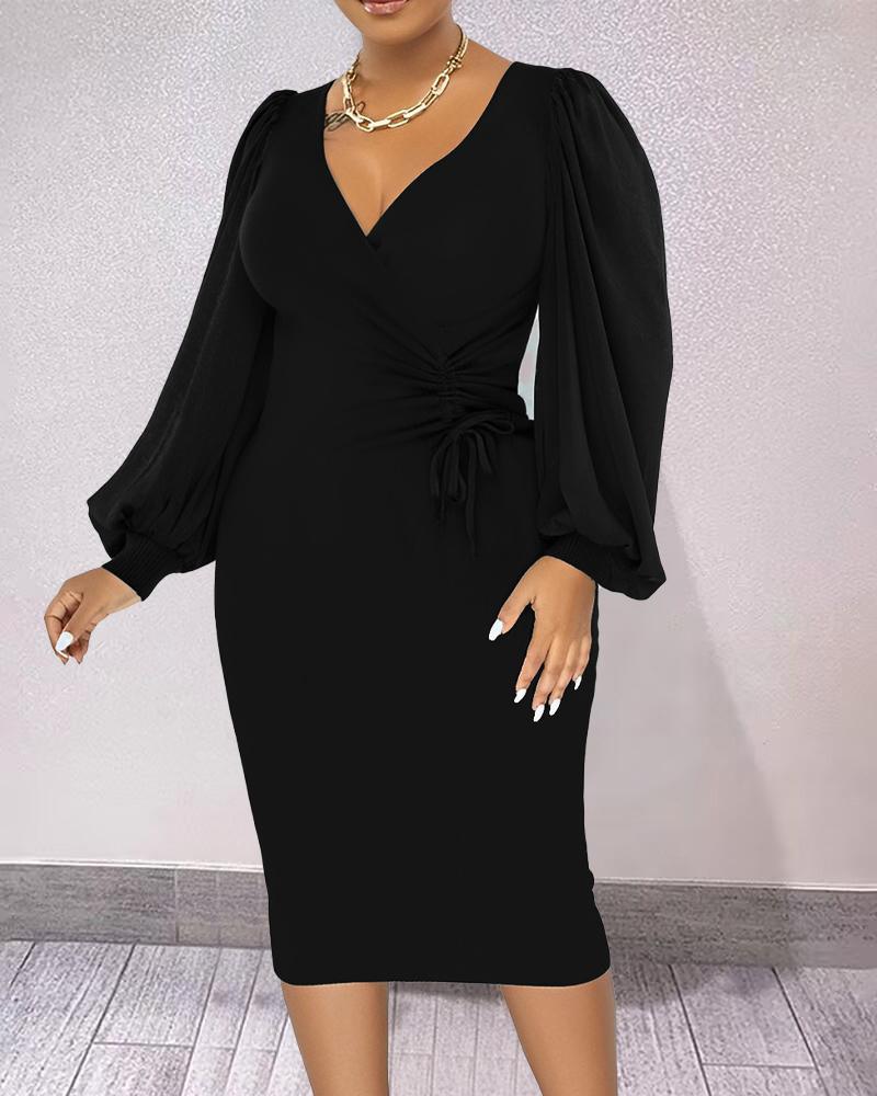 

Lantern Sleeve Drawstring Midi Dress, Black