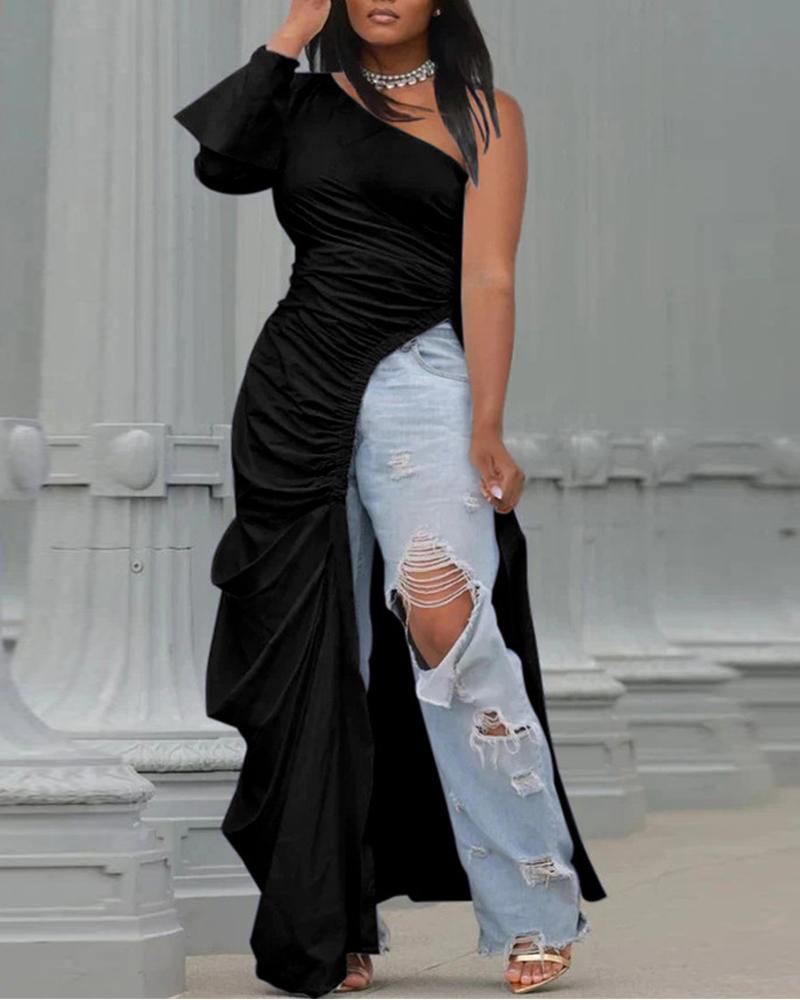 

Plus Size One Shoulder Ruched High Slit Longline Top, Black