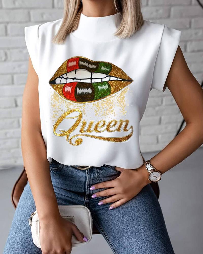 

Lip Letter Print Short Sleeve Top, White