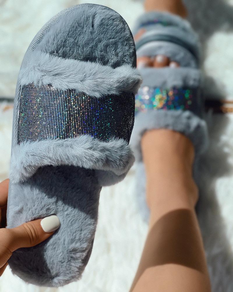 

Fuzzy Sequin One Strap Slippers, Gray