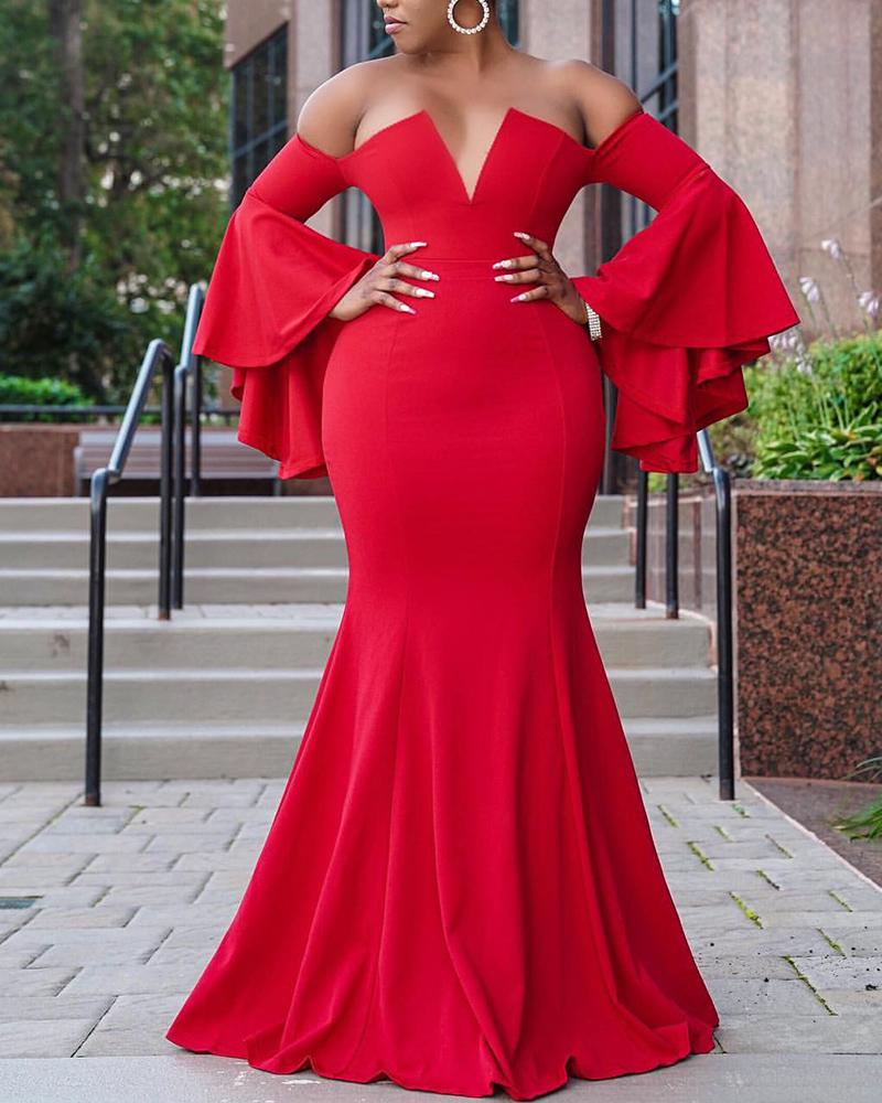 

Off Shoulder Bell Sleeve Mermaid Dress, Red