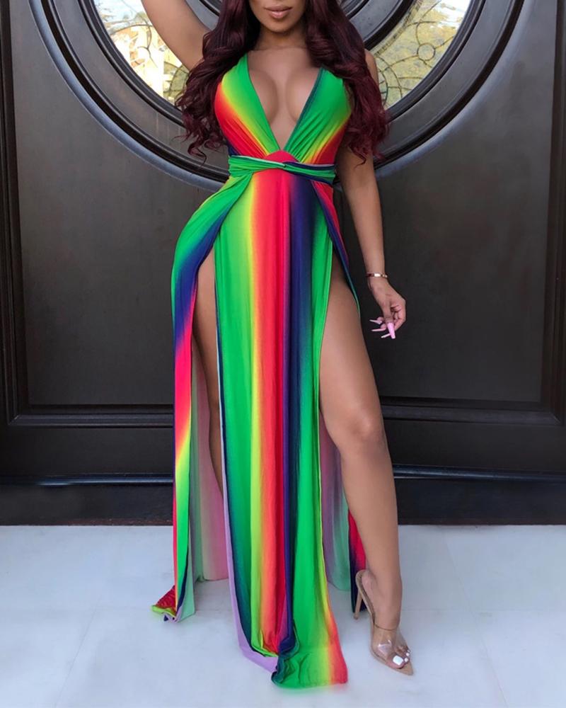 

Colorful Rainbow Striped Thigh Slit Maxi Dress, Multicolor