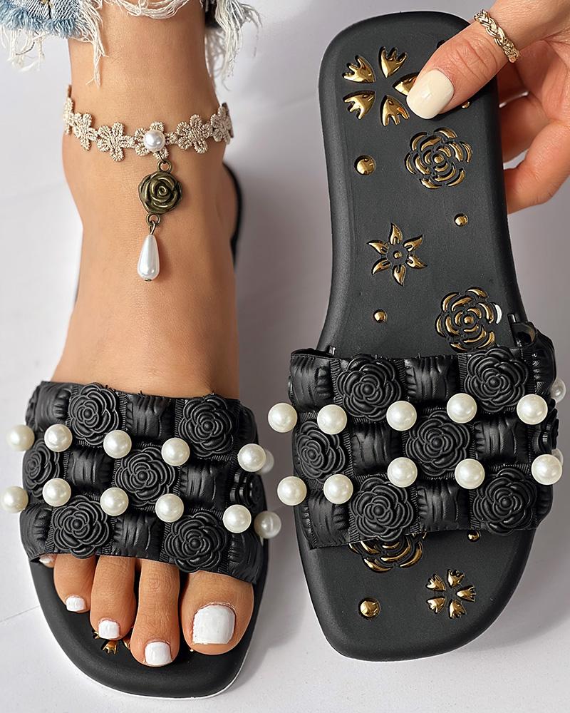 

Floral Pattern Pearls Decor Slippers, Black