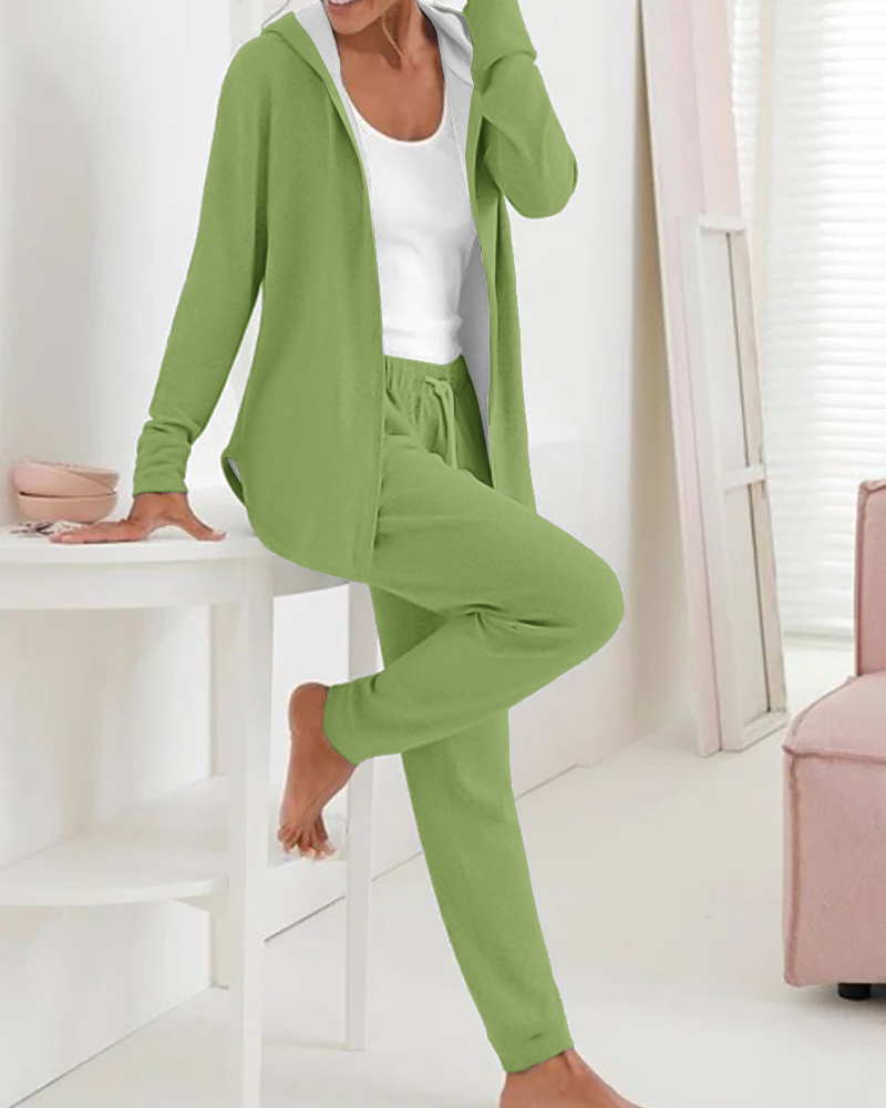 

2 Piece Open Front Long Sleeve Hooded Top Drawstring Cuffed Pants Lounge Outfit Tracksuit Set, Green