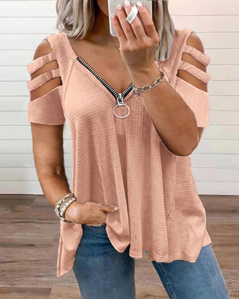 

Plus Size Cutout Zipper Design Cold Shoulder T-Shirt, Pink