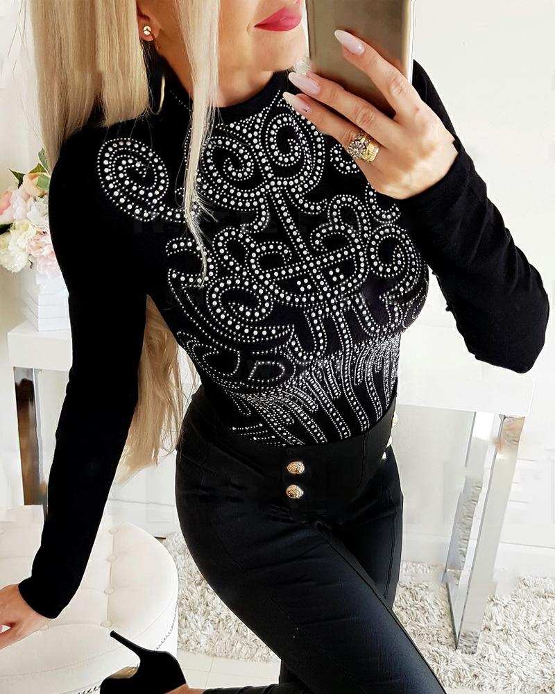 

Rhinestone Decor Long Sleeve Top, Black