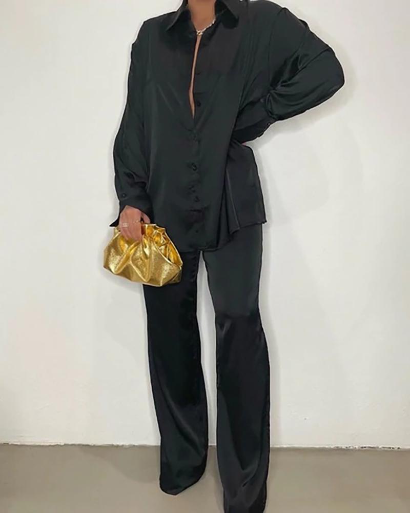 

Satin Buttoned Long Sleeve Shirt & High Waist Pants Set, Black