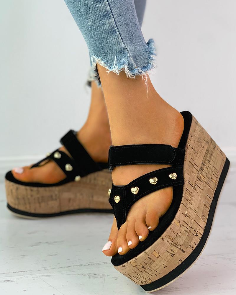 

Heart Decor Bronzing Buckled Cork Wedge Flip Flops, Black