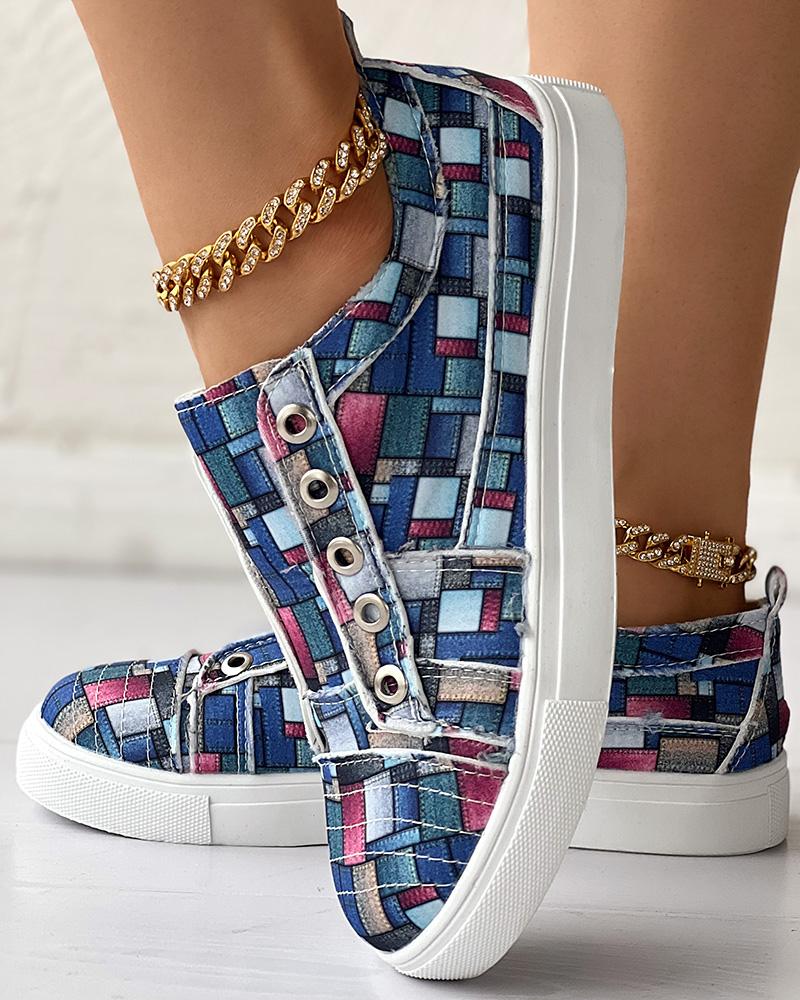 

Denim Look Print Eyelet Canvas Sneakers, Multicolor