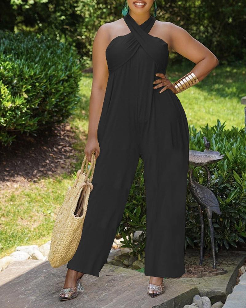 

Crisscross Halter Pocket Detail Sleeveless Jumpsuit, Black