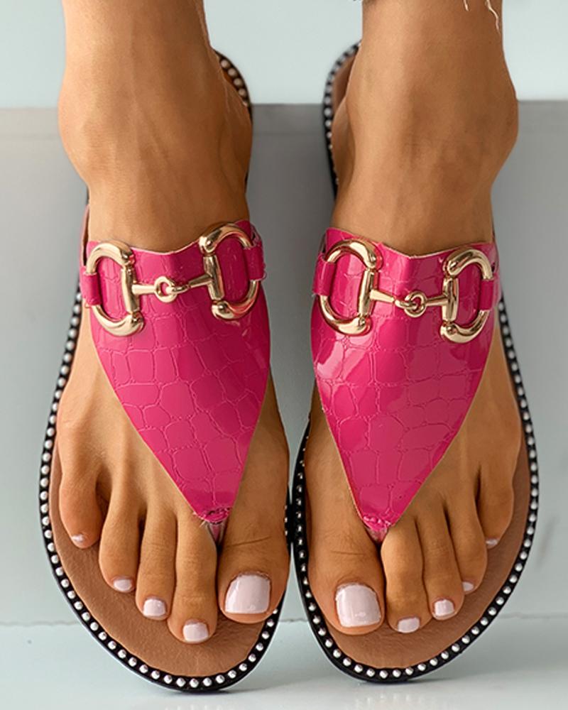 

Metal Decor Toe Post Croc Embossed Sandals, Hot pink