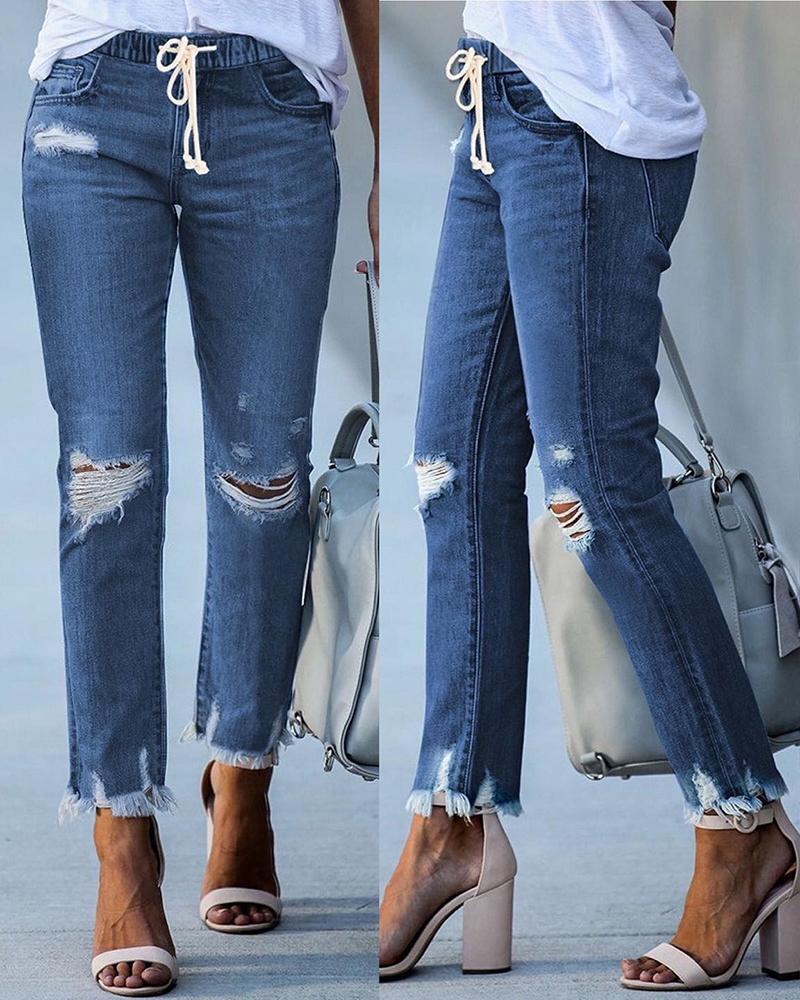 

Drawstring Ripped Raw Hem Skinny Jeans, Dark blue