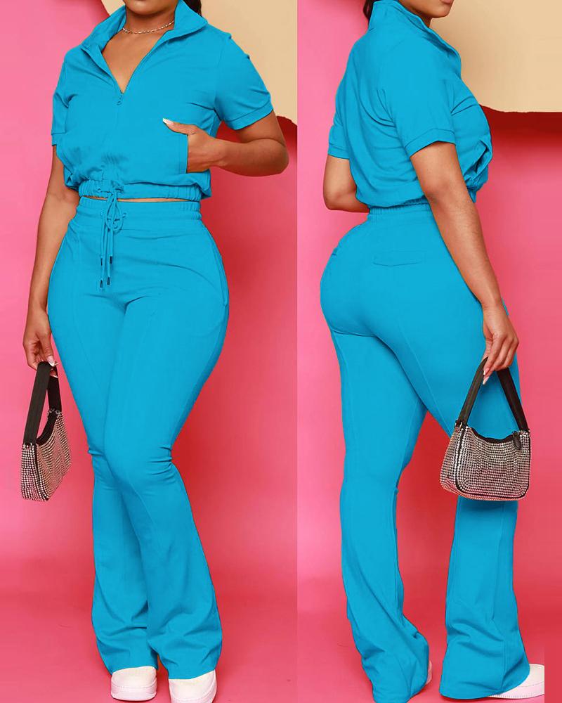 

Drawstring Zipper Design Top & Pants Set, Blue