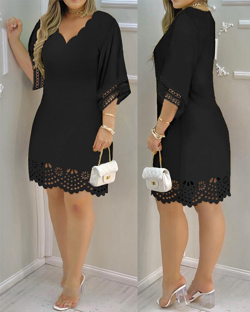 

Hollow Out Scallop Trim Casual Dress, Black