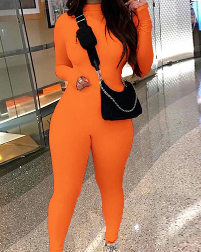 

Plain Long Sleeve Skinny Jumpsuit, Orange